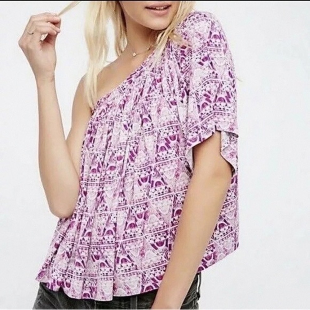 Free People One-Shoulder Printed Tunic in Pink and White